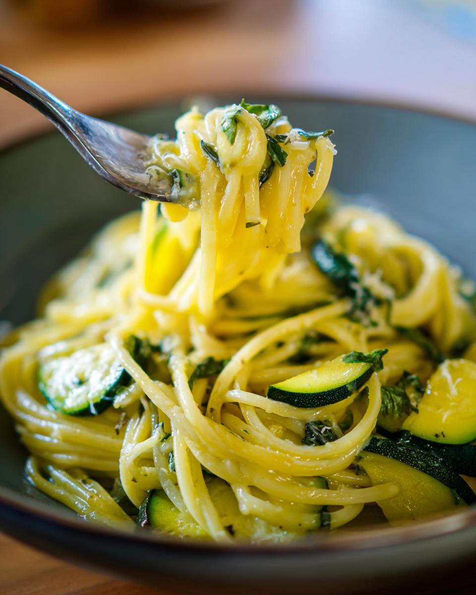 Close-up of a fork lifting creamy zucchini pasta strands and sliced zucchini from a bowl.