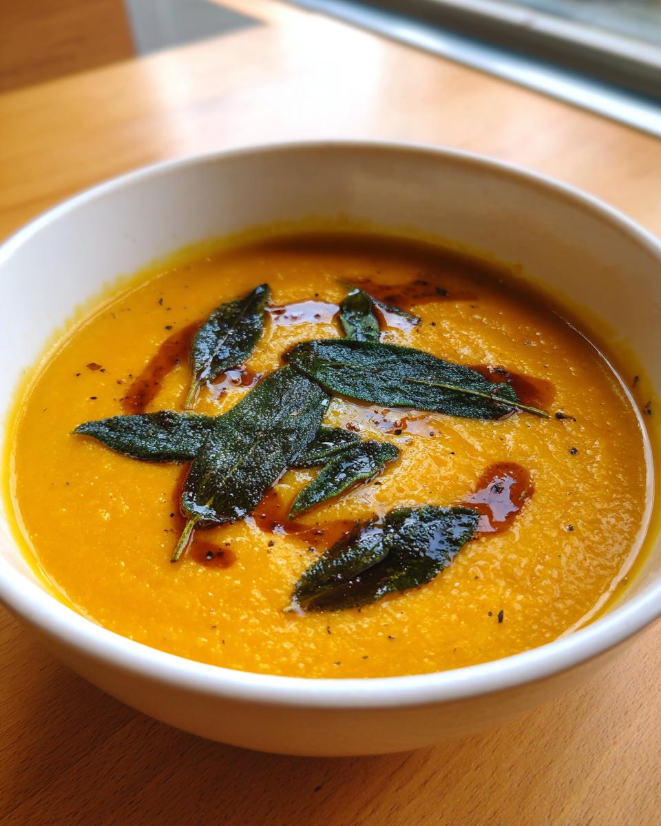 Close-up of vibrant orange acorn squash soup garnished with crispy fried sage leaves and brown butter swirls.