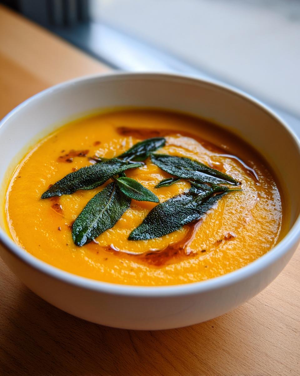 Close-up of a bowl of vibrant orange acorn squash soup topped with crispy fried sage leaves and a swirl of oil.