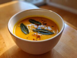 A close-up of a bowl of vibrant orange acorn squash soup topped with crispy sage leaves and spices.
