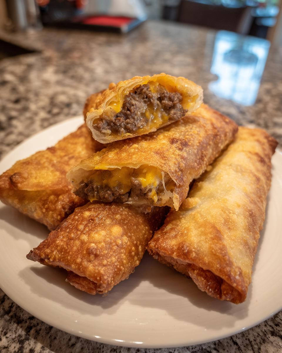 Close-up of crispy, golden air fryer cheeseburger egg rolls piled on a white plate, one cut open showing ground beef and melted cheese.