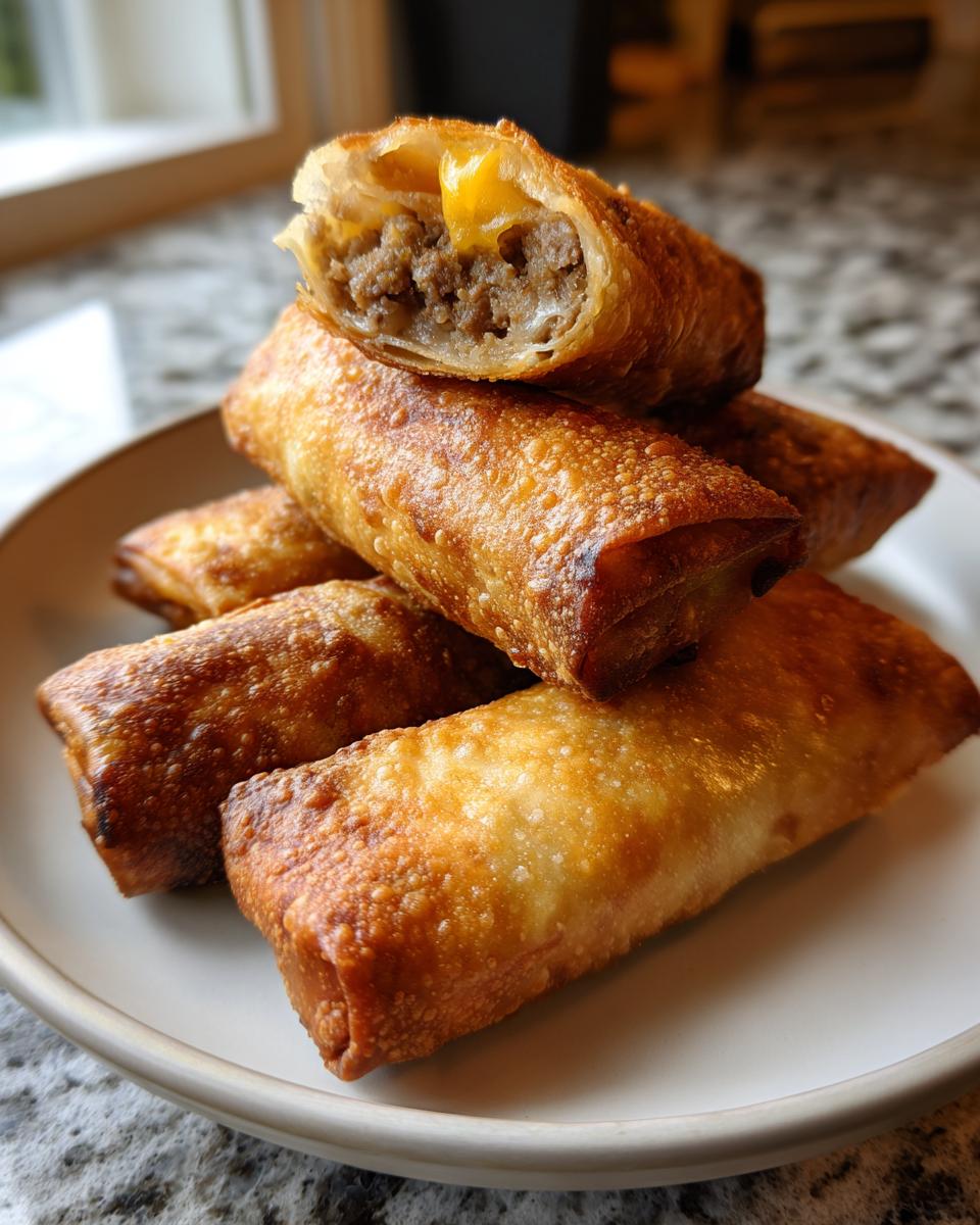 A stack of golden brown, crispy air fryer cheeseburger egg rolls, one cut open showing ground beef and melted cheese.