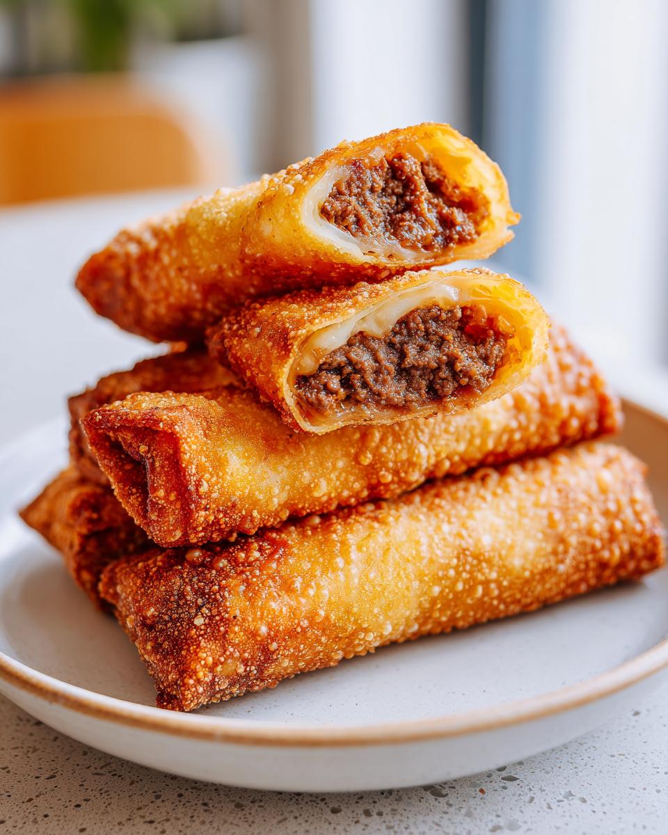 A stack of crispy, golden air fryer cheeseburger egg rolls, with the top two cut open to show the cheesy beef filling.