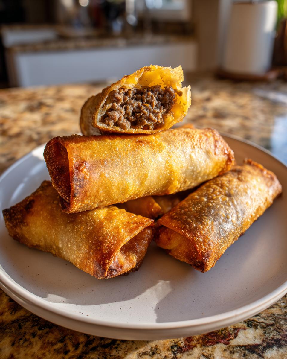 A stack of crispy, golden air fryer cheeseburger egg rolls on a light plate, one cut open showing the seasoned ground beef filling.