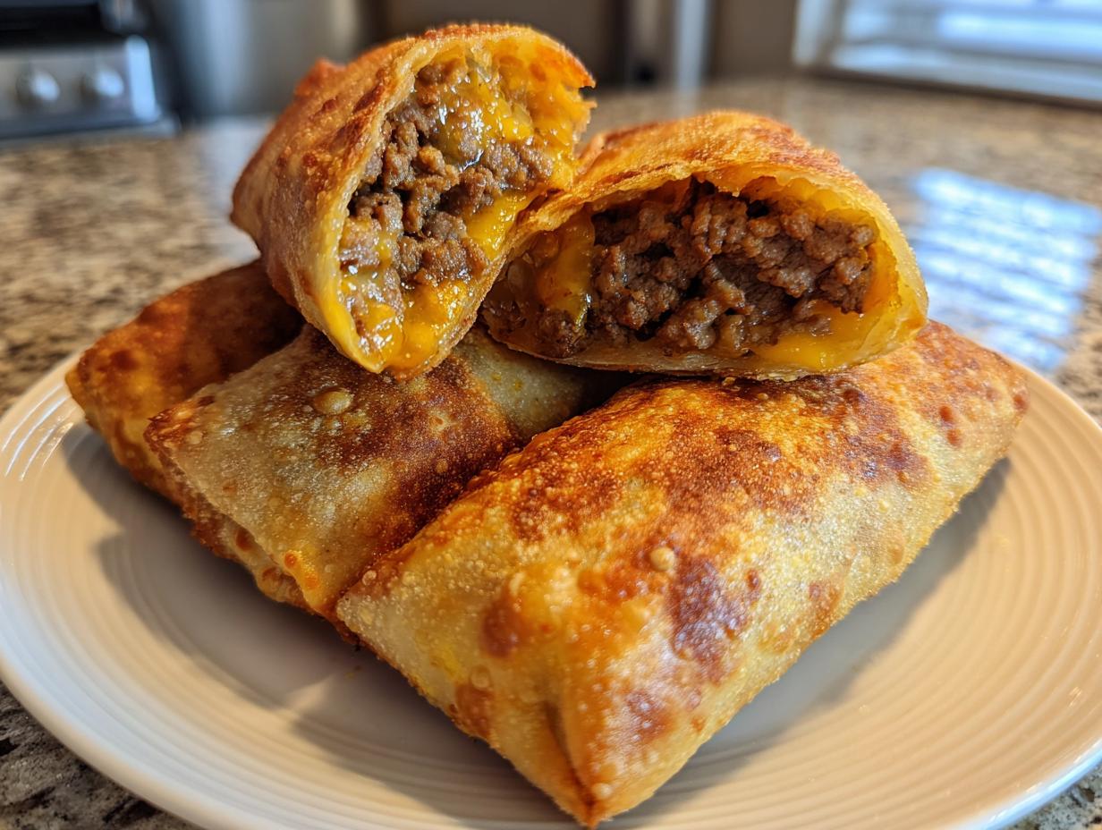 Four crispy, golden brown air fryer cheeseburger egg rolls stacked on a white plate, one cut open showing seasoned ground beef and melted cheese.