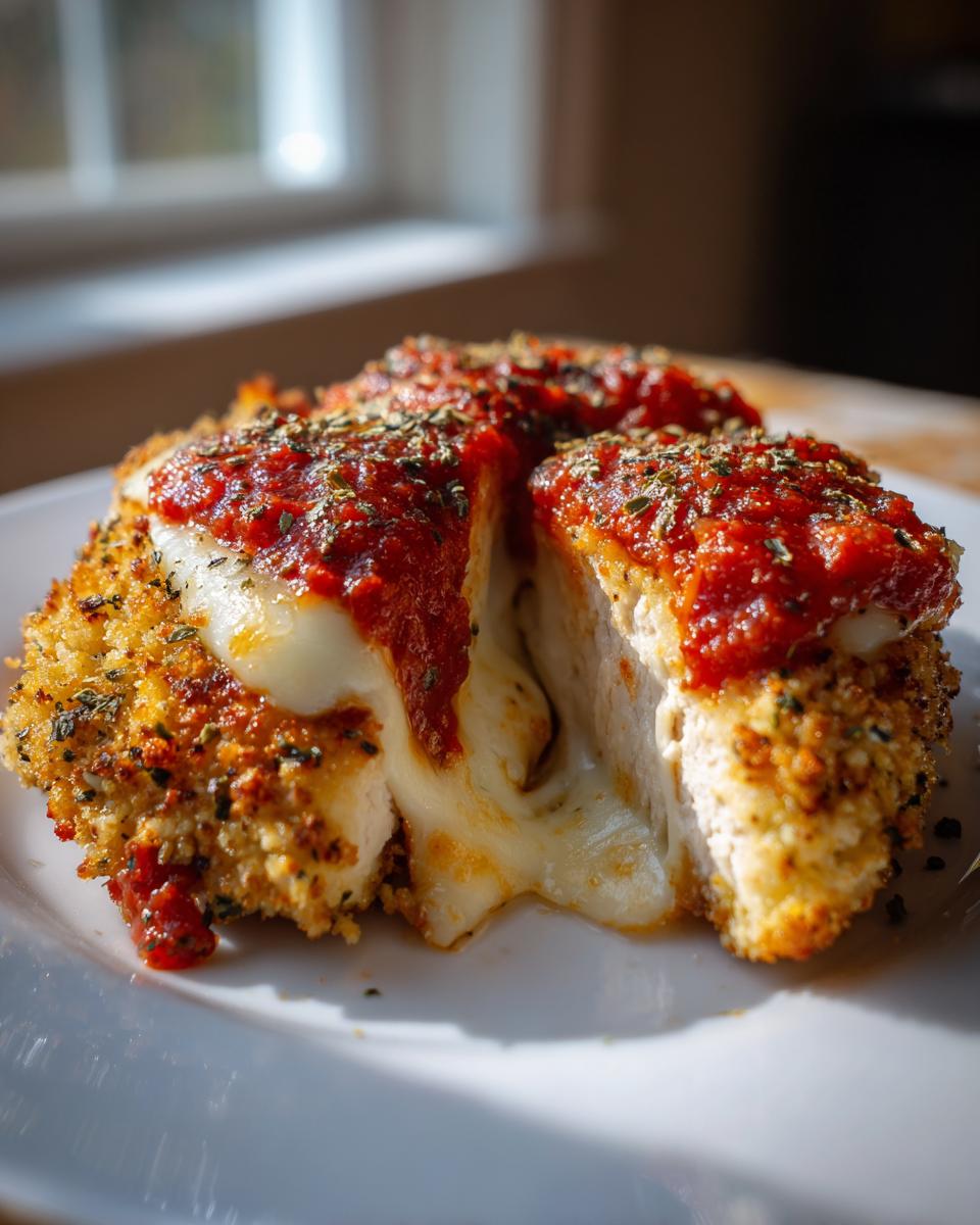 Cross-section of air fryer chicken parmesan showing melted mozzarella cheese oozing out, topped with marinara sauce and herbs.