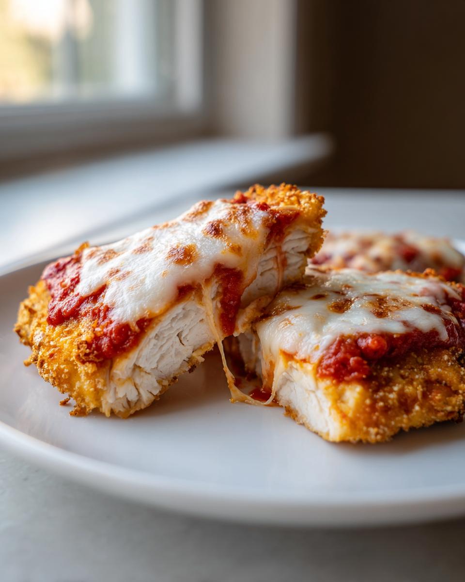 Two pieces of crispy air fryer chicken parmesan cut open, showing melted mozzarella cheese and marinara sauce.