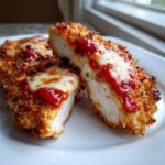 Close-up of air fryer chicken parmesan cut in half, showing crispy coating, white chicken meat, marinara sauce, and melted mozzarella cheese.