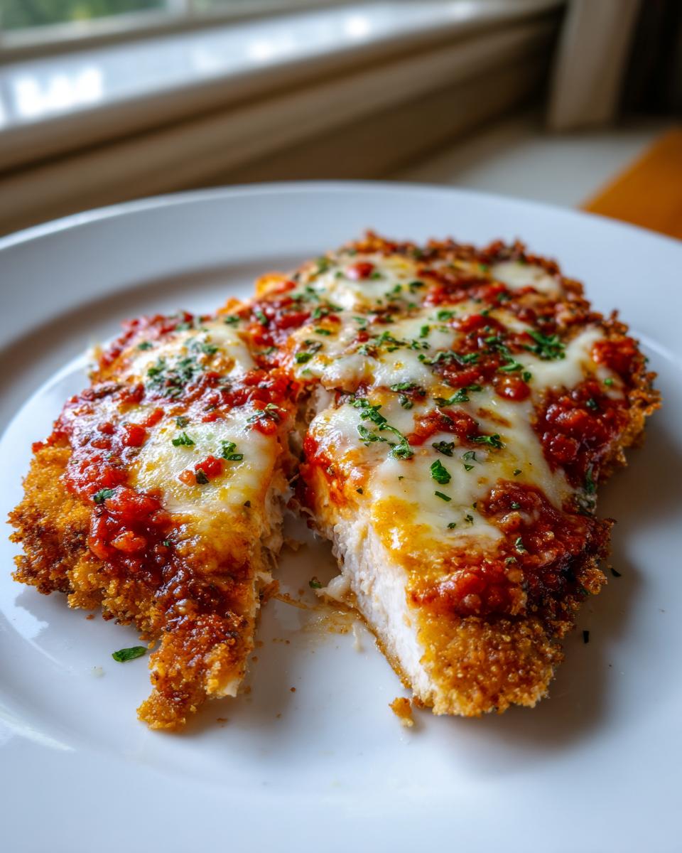 Close-up of a juicy air fryer chicken parmesan cut in half, showing crispy breading, melted mozzarella, and marinara sauce.