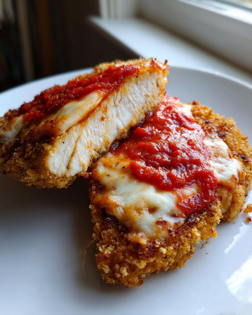 Close-up of air fryer chicken parmesan cut in half showing juicy white meat, crispy breading, melted mozzarella, and marinara sauce.