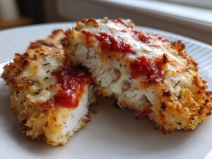 Close-up of two pieces of air fryer chicken parmesan cut open, showing juicy white chicken, melted cheese, and marinara sauce.