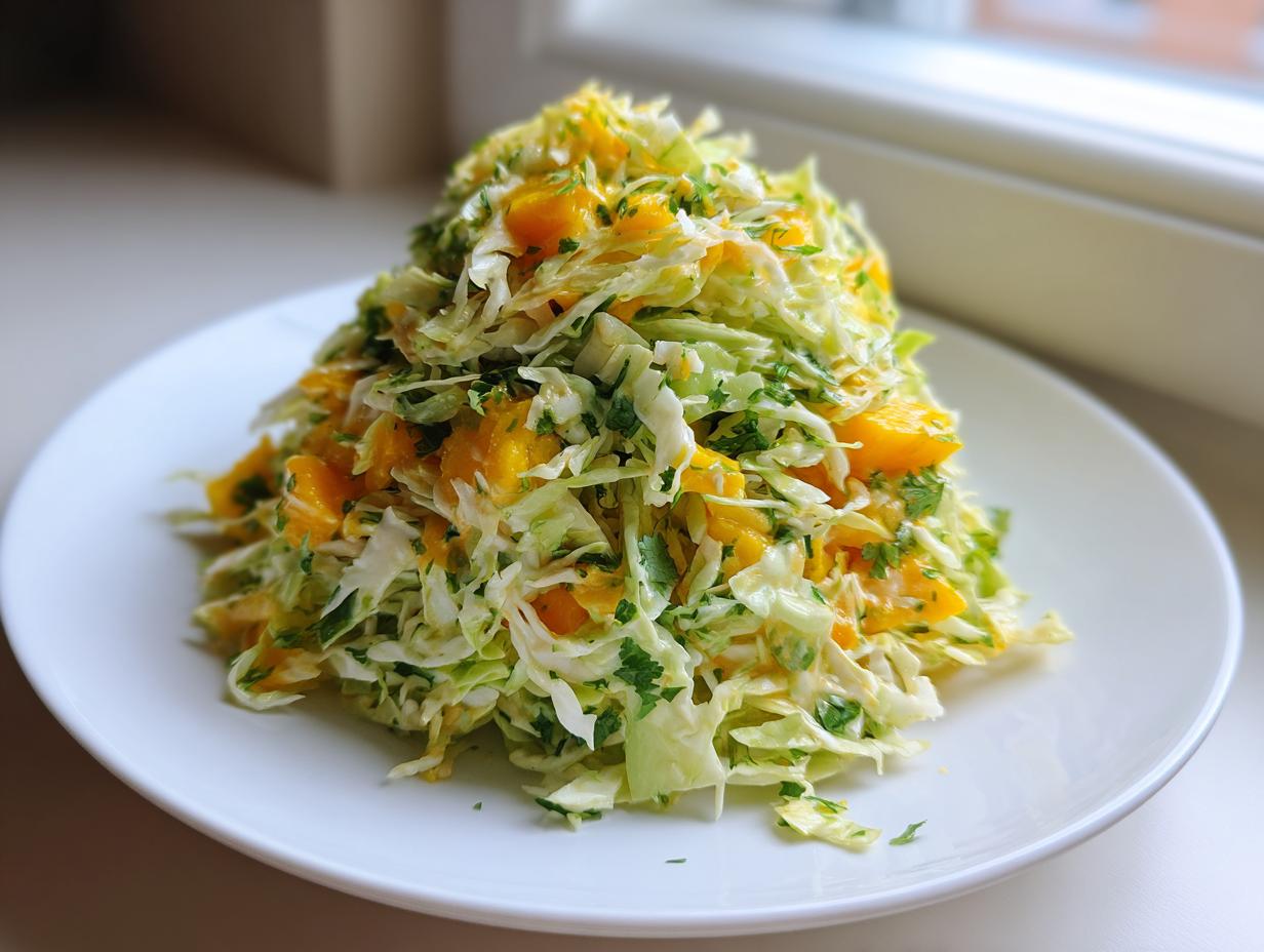 A vibrant mound of fresh mango slaw featuring shredded cabbage, bright orange mango chunks, and green herbs on a white plate.