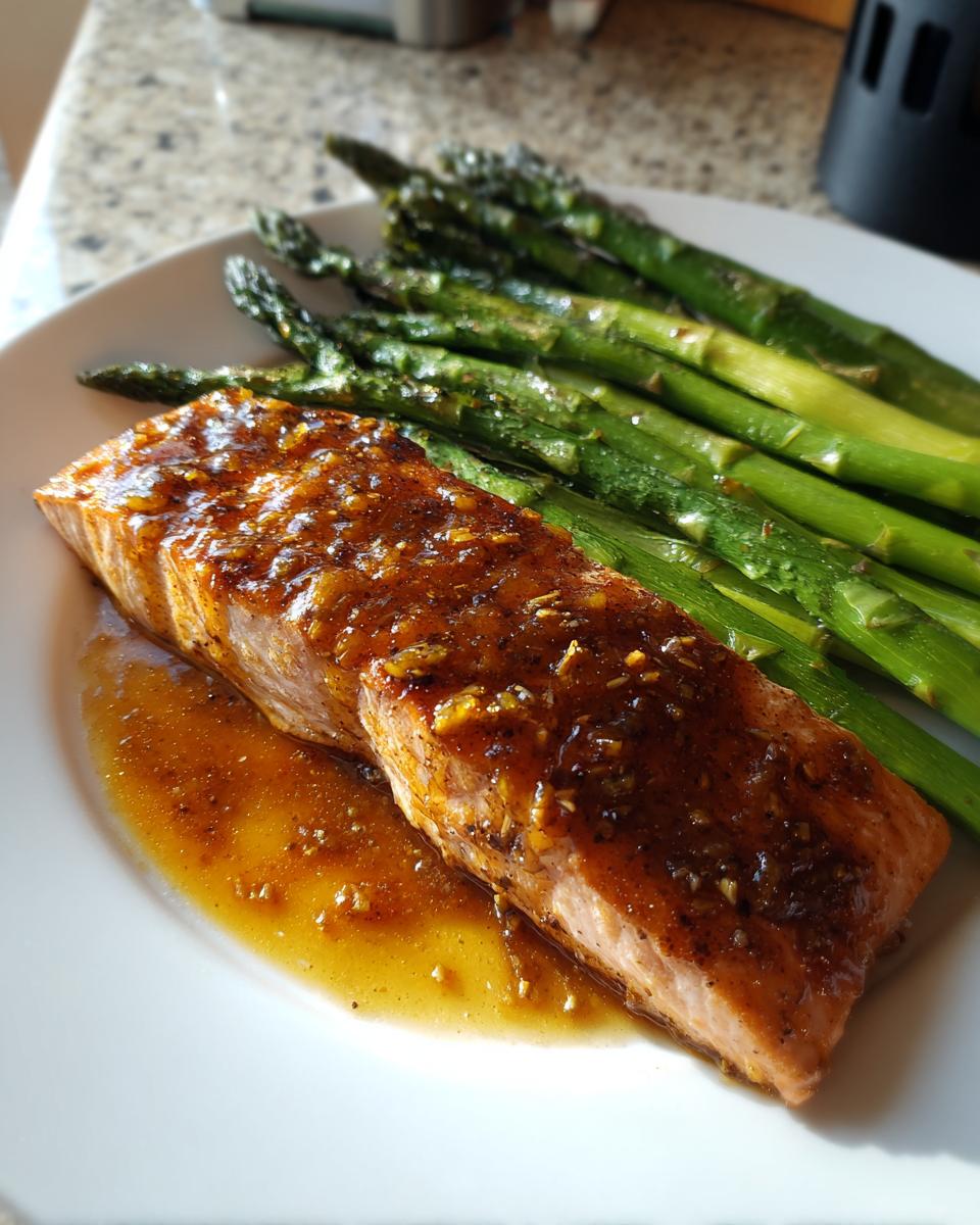 A perfectly cooked salmon fillet covered in a rich, savory glaze served next to bright green roasted asparagus.