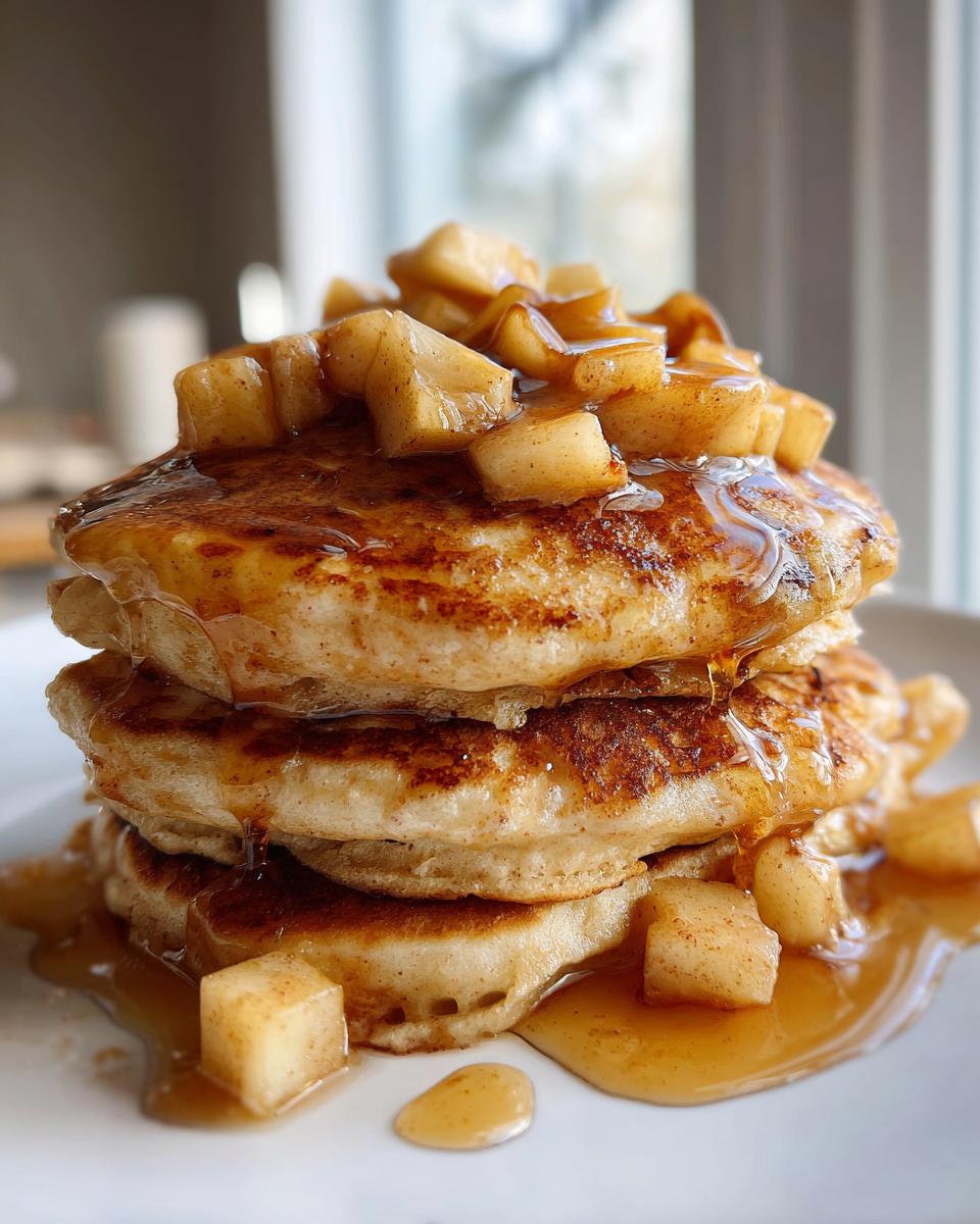 A tall stack of fluffy apple pancakes drizzled with syrup and topped with spiced, diced apples.