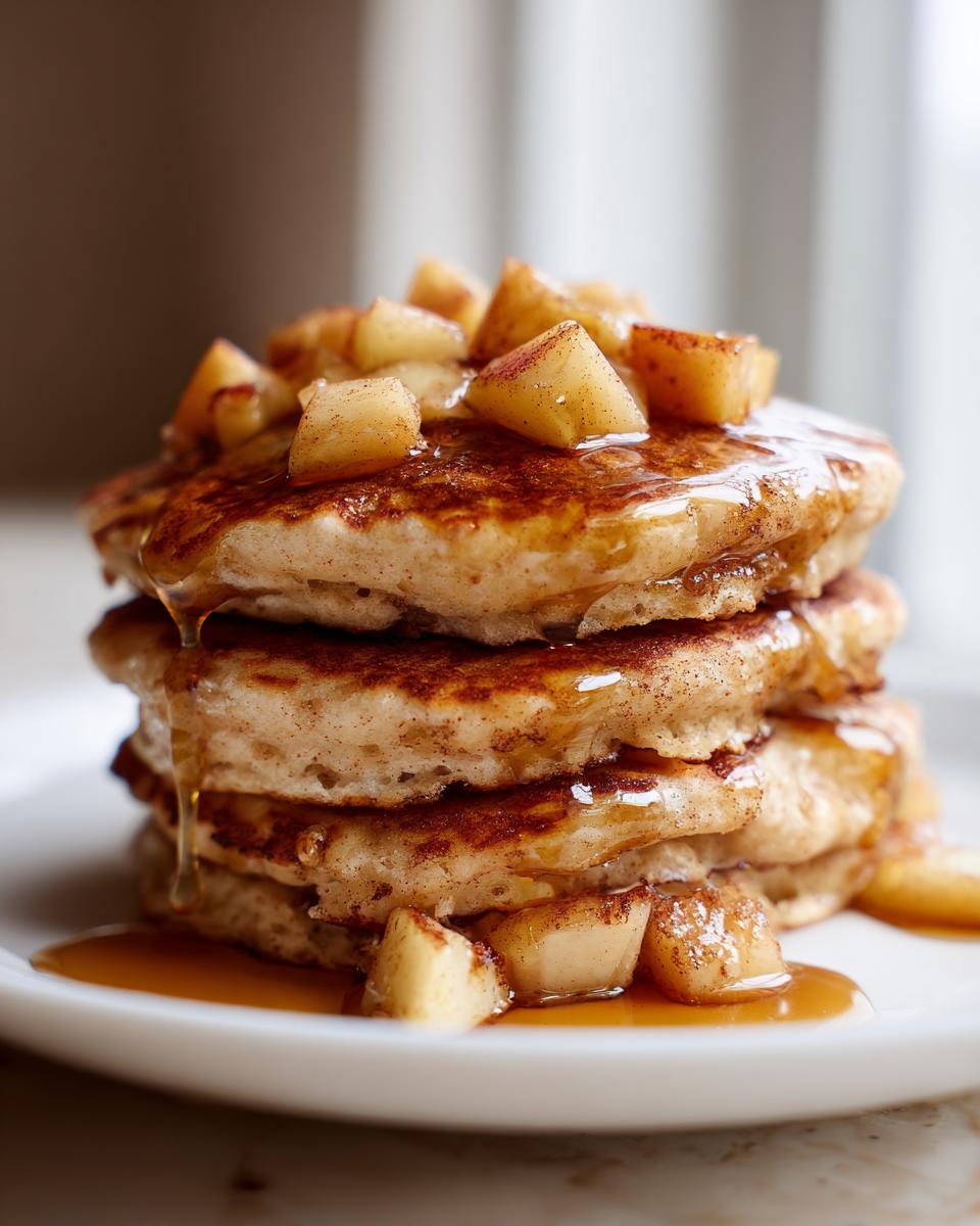 A tall stack of fluffy apple pancakes drizzled with syrup and topped with caramelized apple chunks.