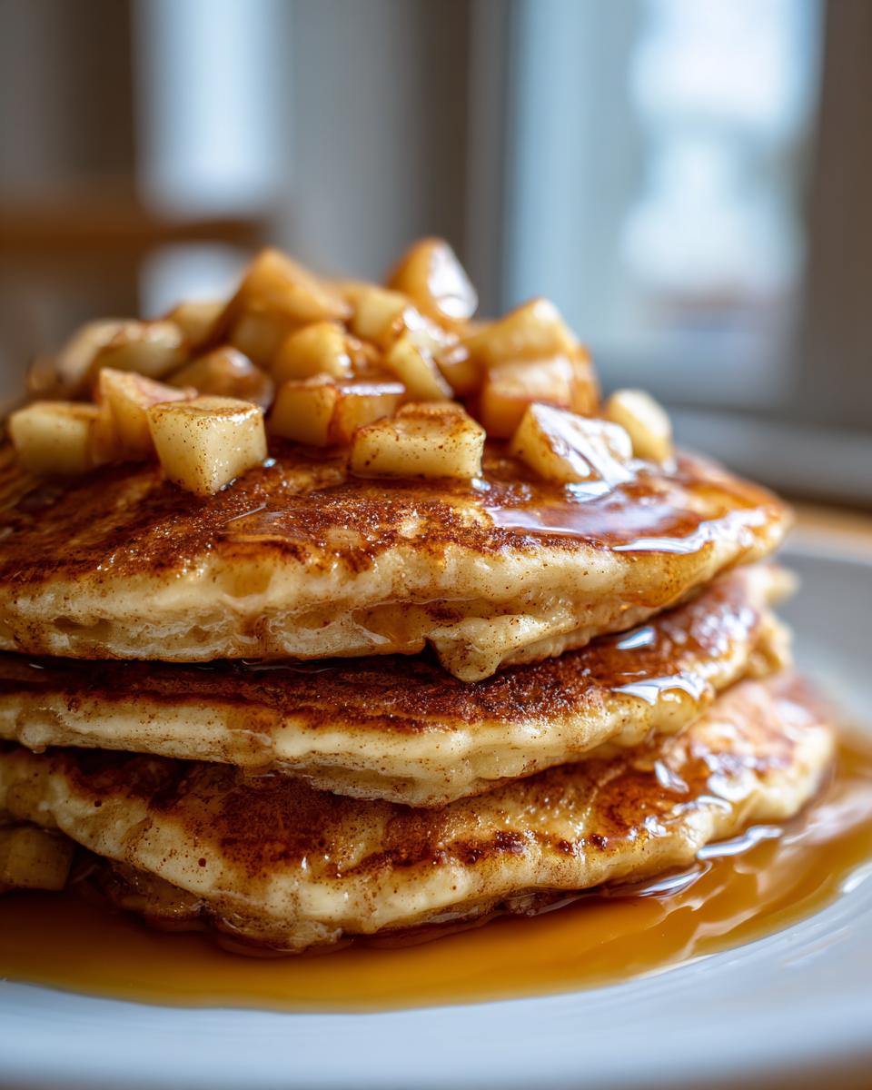 Close-up of a tall stack of fluffy apple pancakes drizzled with syrup and topped with diced, caramelized apples.