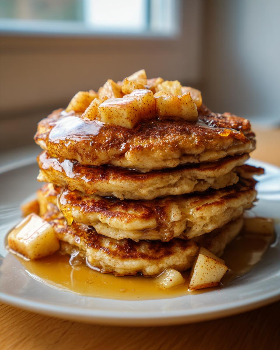 A tall stack of fluffy apple pancakes drizzled with syrup and topped with cinnamon-spiced apple chunks.
