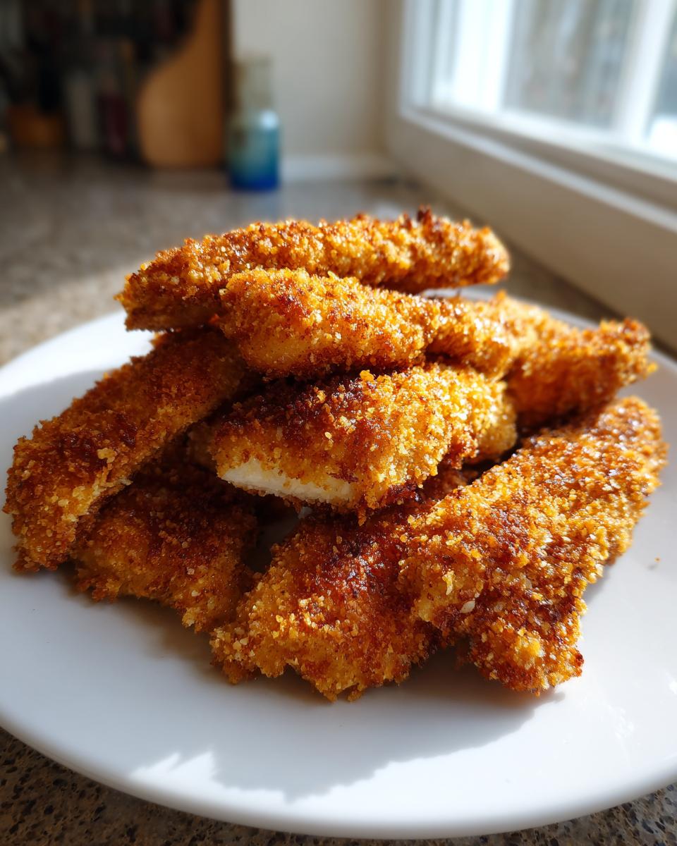 A close-up of several crispy, golden brown baked chicken tenders stacked on a white plate near a bright window.
