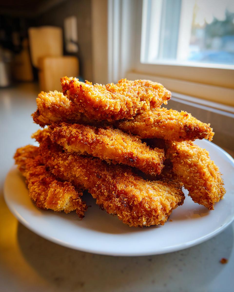 A tall stack of crispy, golden brown baked chicken tenders piled high on a white plate.