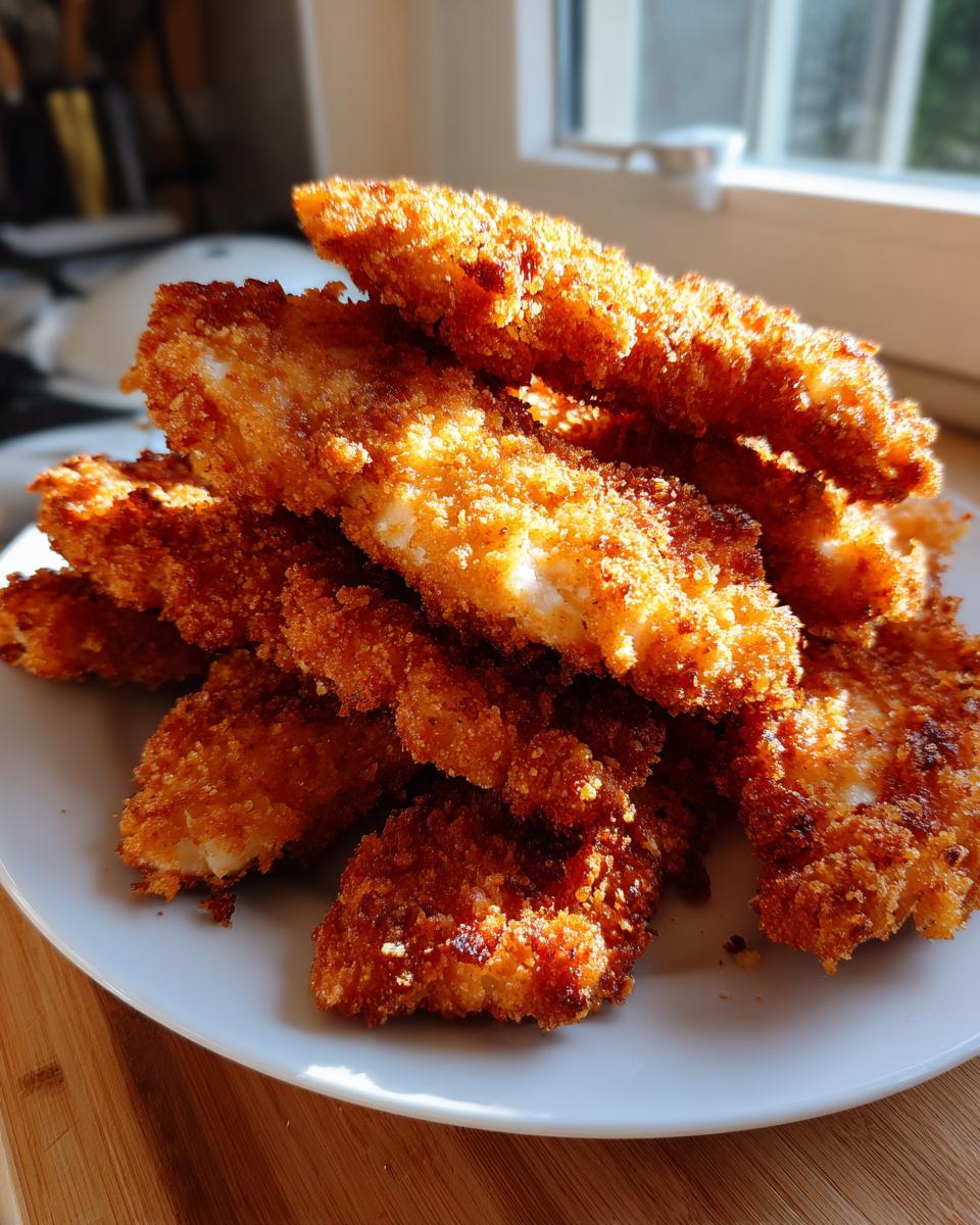 A close-up stack of crispy, golden brown baked chicken tenders piled high on a white plate.