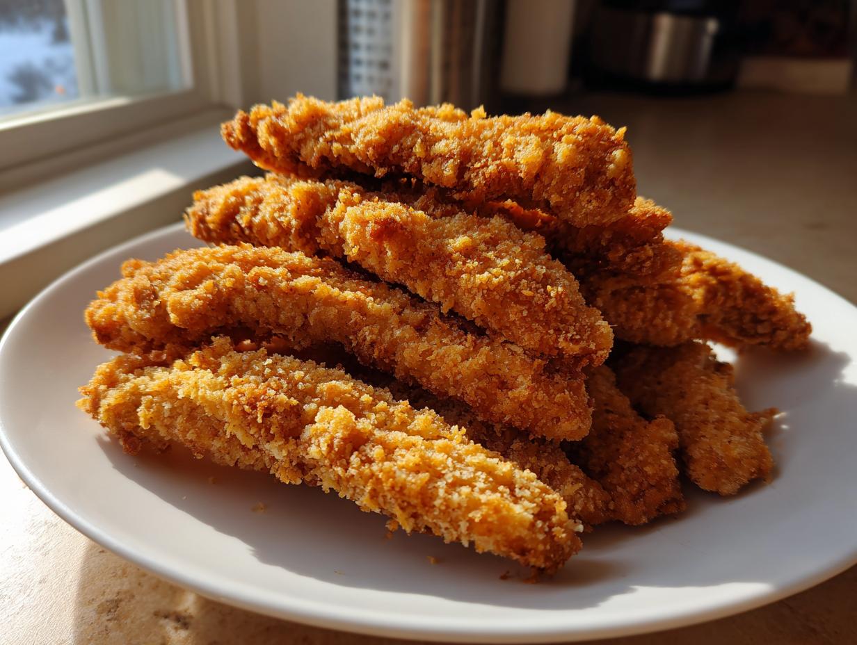 A pile of crispy, golden brown baked chicken tenders stacked high on a white plate, illuminated by sunlight.