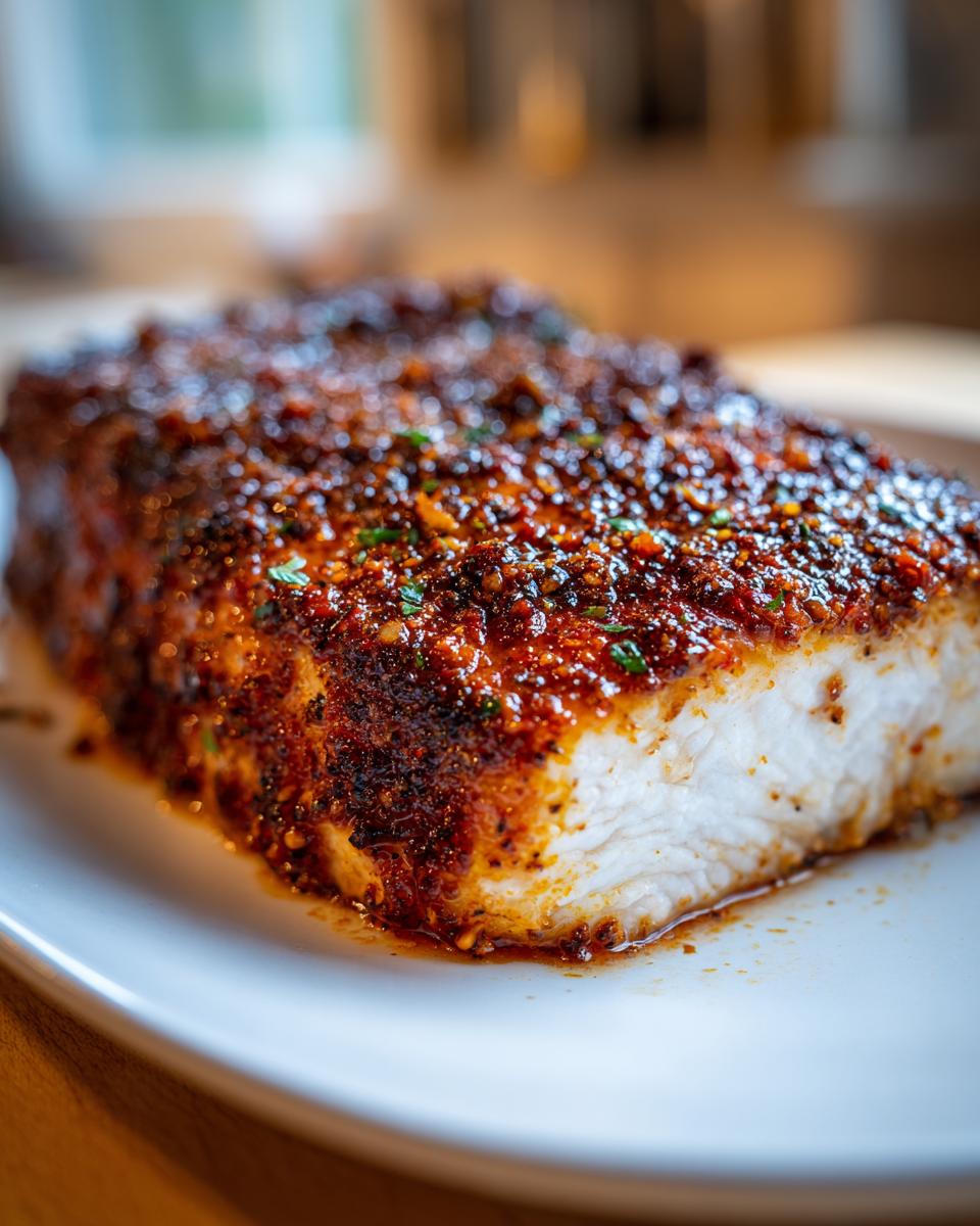 Close-up of a thick, juicy baked pork chop showing the white interior and a rich, dark red, textured spice rub.
