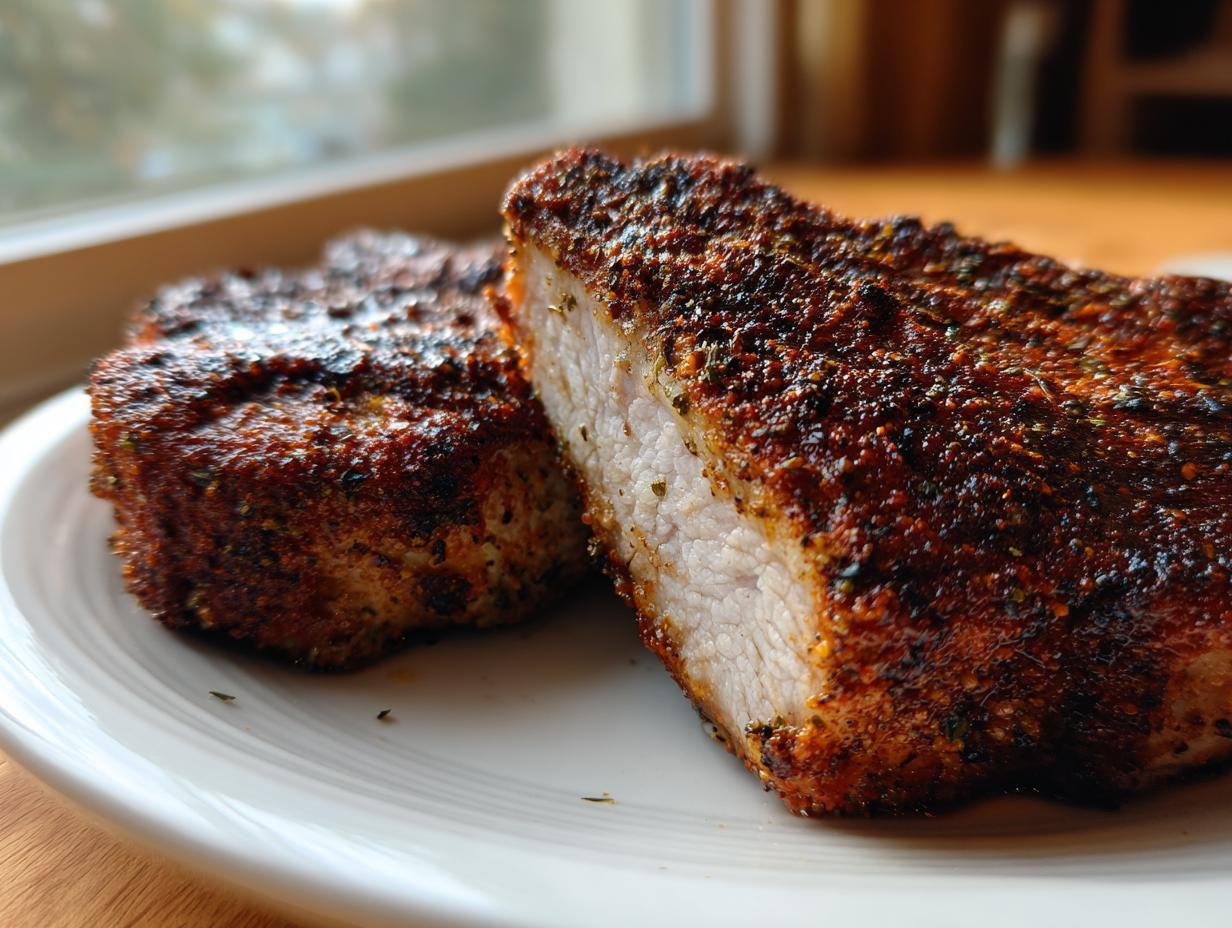 Close-up of two juicy baked pork chops, one sliced to show the tender interior and thick, dark spice rub crust.