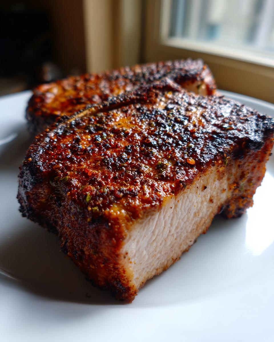 Close-up of a thick, juicy baked pork chop with a dark, flavorful spice crust on a white plate.