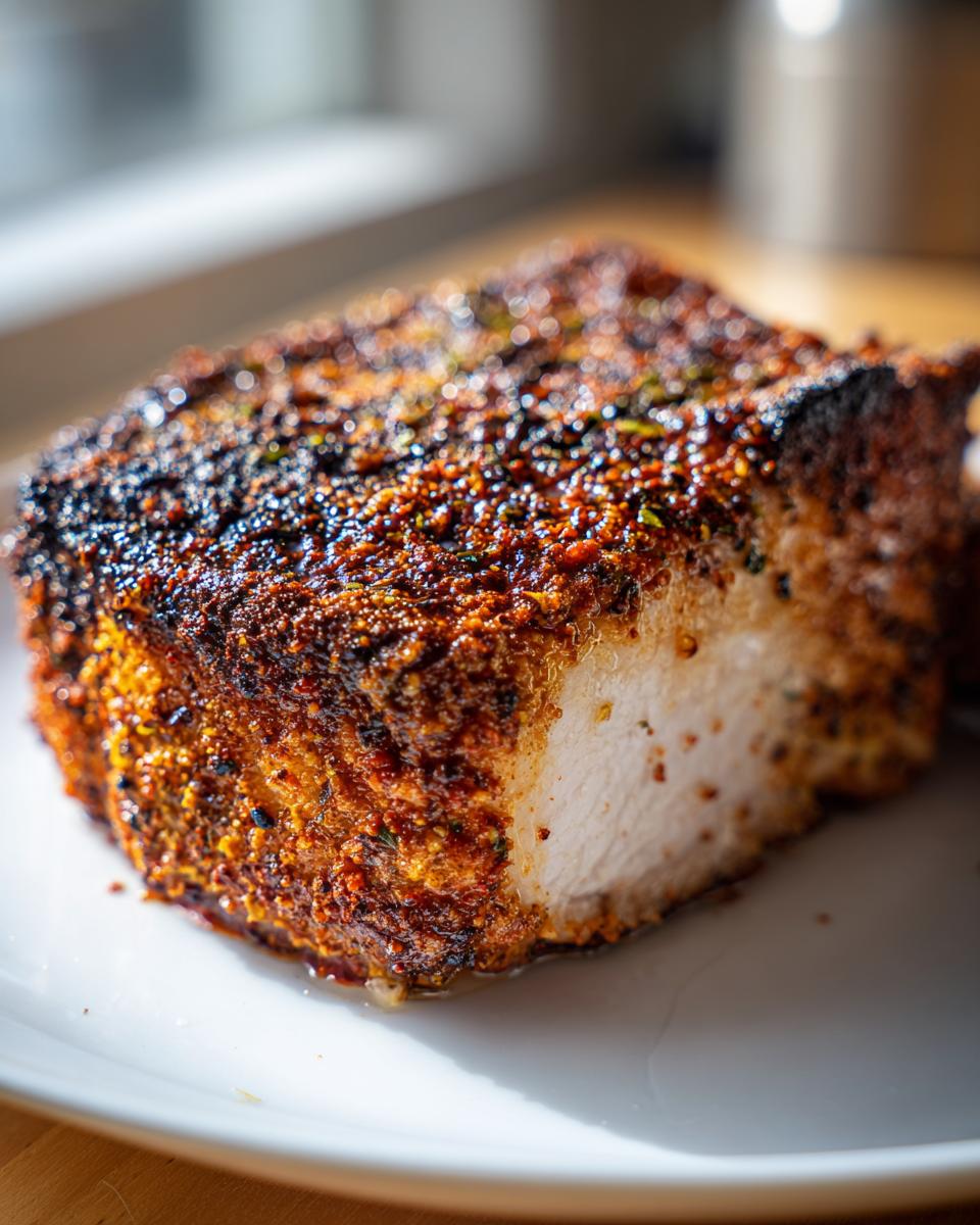 Close-up of a thick, juicy baked pork chop with a dark, flavorful spice crust resting on a white plate.