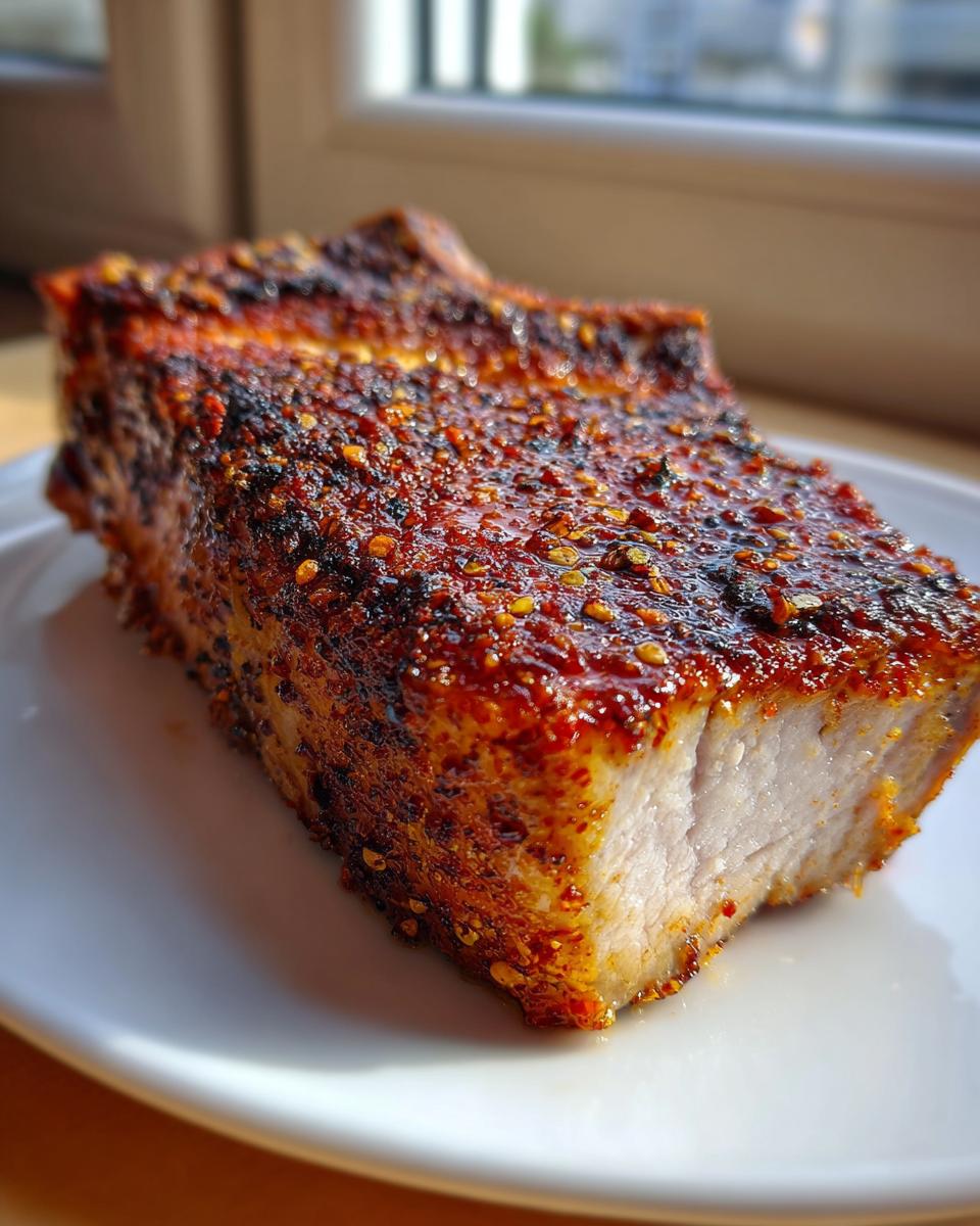 Close-up of a thick, juicy baked pork chop with a heavily spiced, reddish-brown crust.