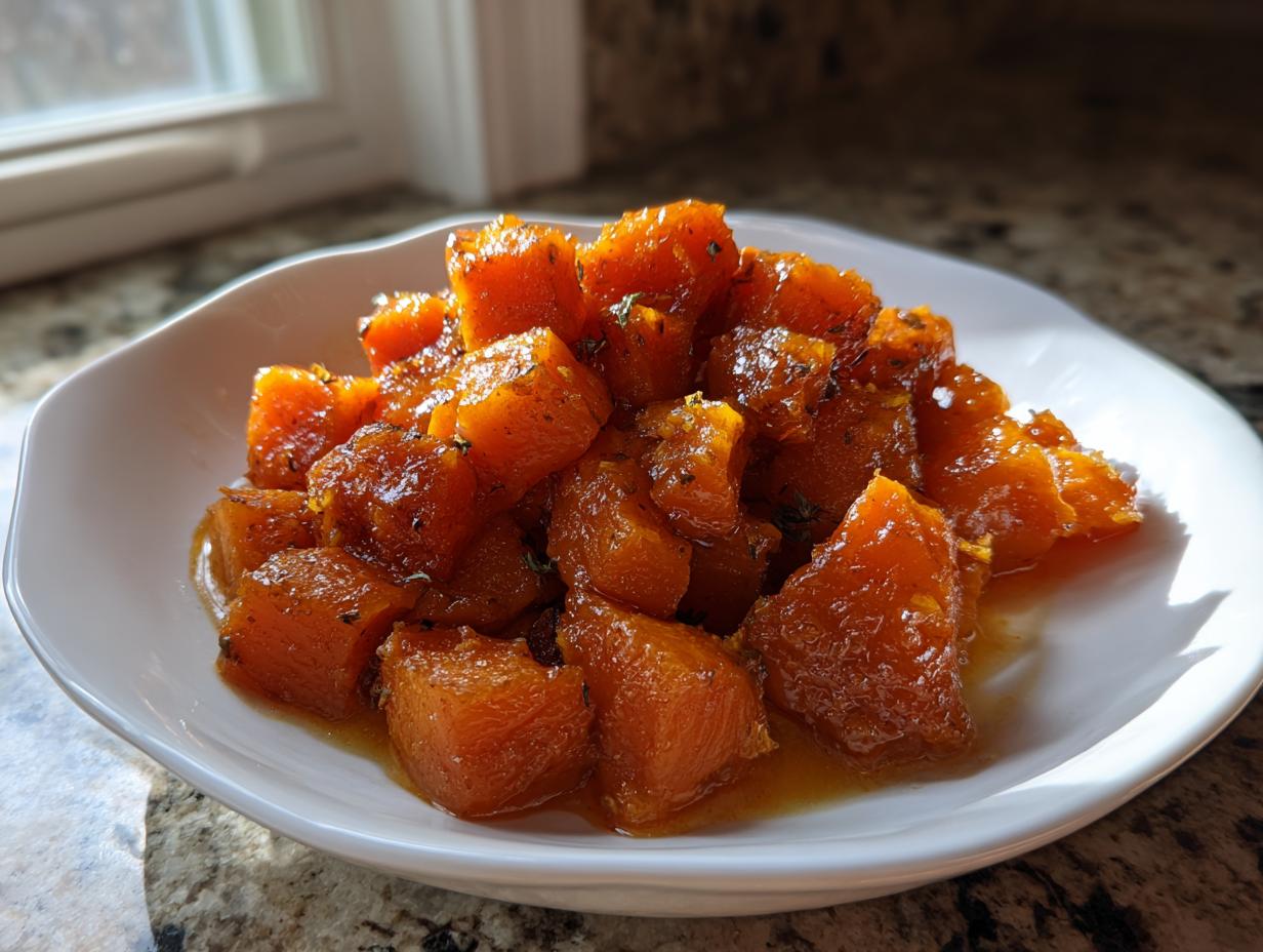 A white bowl filled with glistening, orange cubes of amazing braised butternut squash, seasoned with herbs.