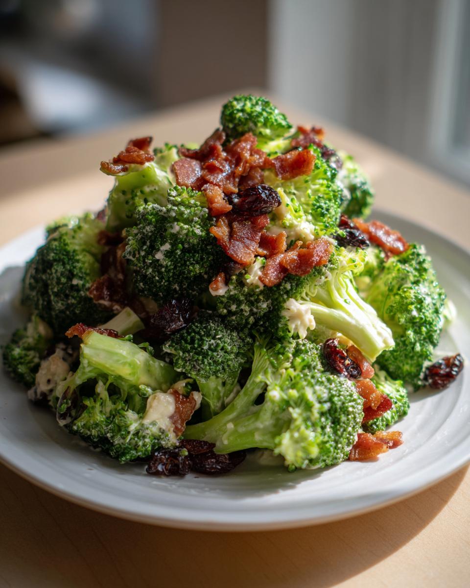 A mound of creamy, fresh broccoli salad topped generously with crispy bacon bits and dried cranberries.