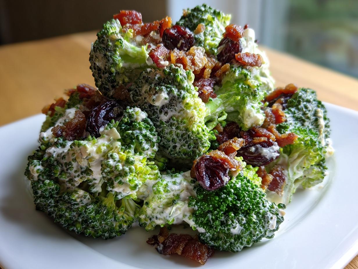 Close-up of fresh broccoli florets coated in creamy dressing, topped with crispy bacon bits and dried cranberries in this amazing broccoli salad.