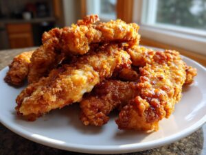 A pile of perfectly cooked, crispy golden brown chicken tenders stacked on a white plate near a window.