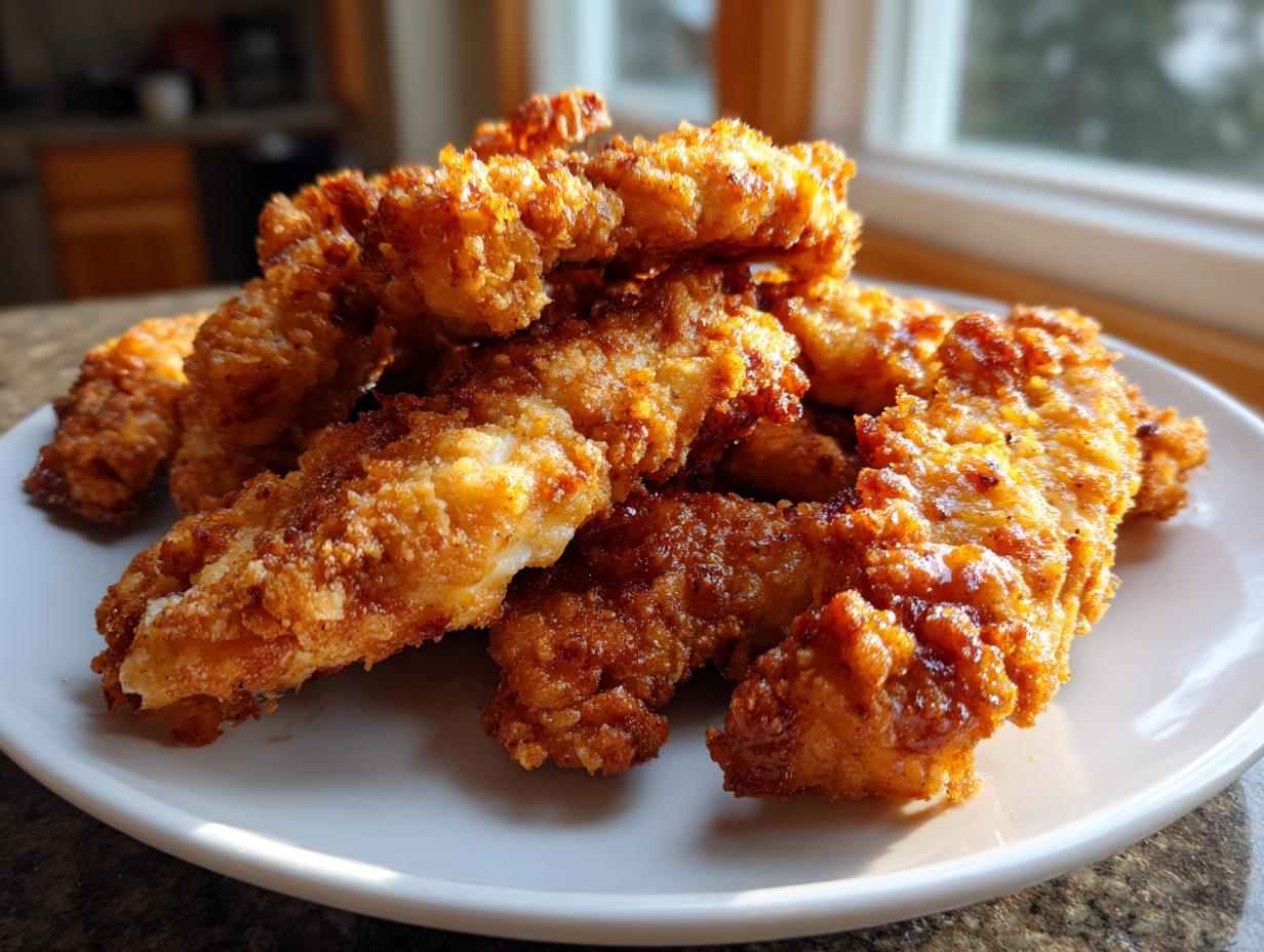 A pile of perfectly cooked, crispy golden brown chicken tenders stacked on a white plate near a window.
