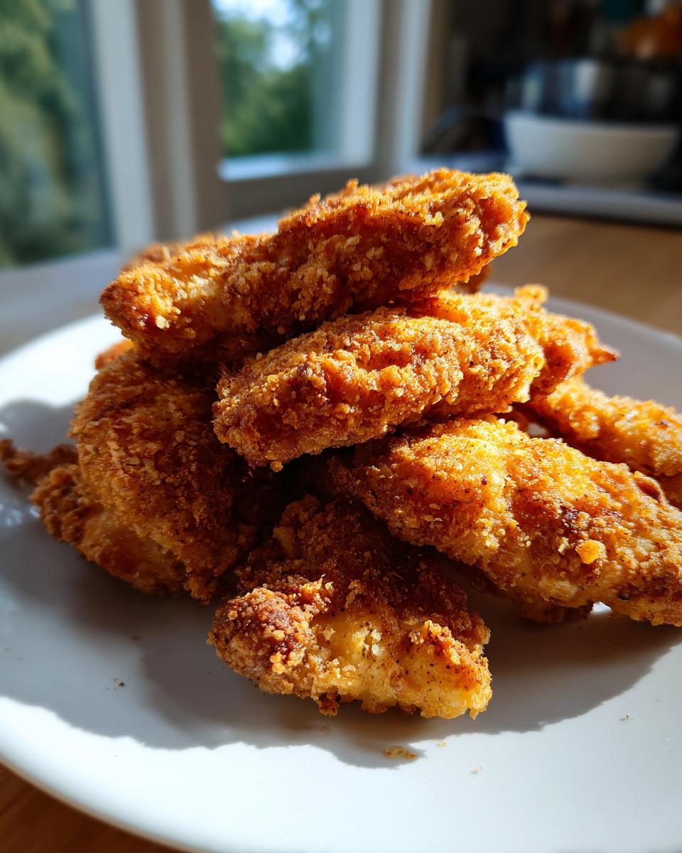 A close-up stack of perfectly golden brown, crispy chicken tenders resting on a white plate, lit by natural sunlight.
