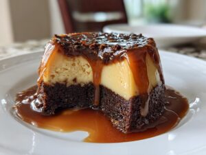 A cross-section slice of moist chocoflan showing the dark chocolate cake layer and light flan layer, topped with dripping caramel.