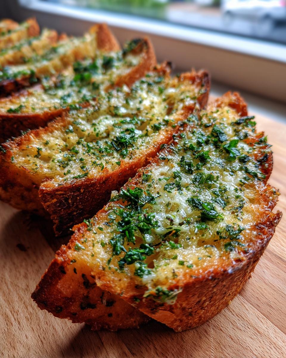 Close-up of golden brown slices of garlic parmesan herb bread topped with melted cheese and fresh parsley.
