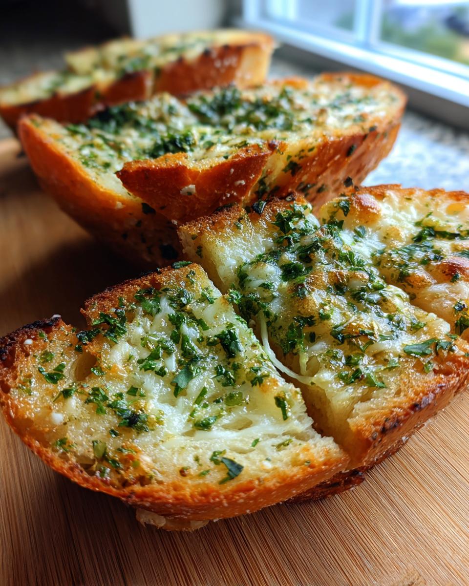 Close-up of cheesy, herb-topped garlic parmesan herb bread sliced and ready to eat on a wooden board.