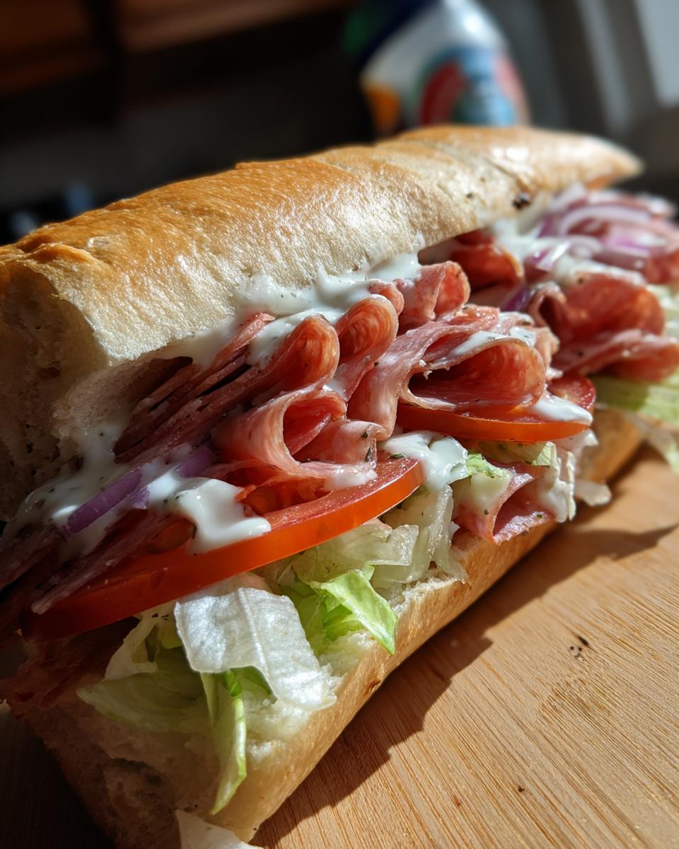 A close-up, appetizing view of a fully loaded italian grinder sub featuring deli meats, lettuce, tomato, red onion, and creamy dressing.