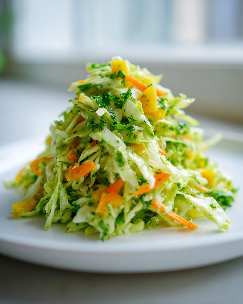A vibrant mound of fresh mango slaw featuring shredded cabbage, carrots, mango chunks, and green herbs on a white plate.