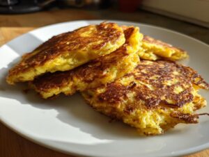 A stack of four golden-brown, crispy mashed potato pancakes served on a white plate.
