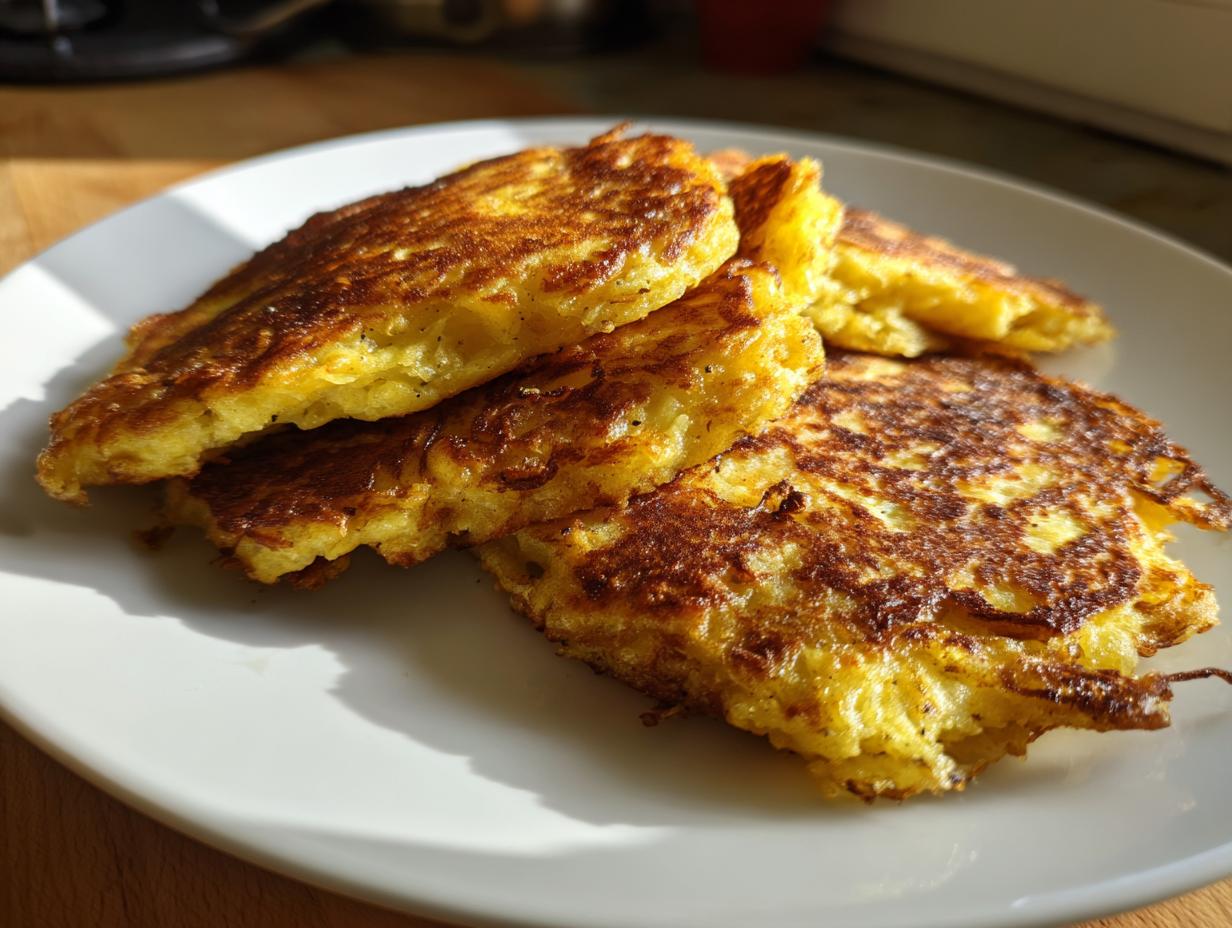 A stack of four golden-brown, crispy mashed potato pancakes served on a white plate.
