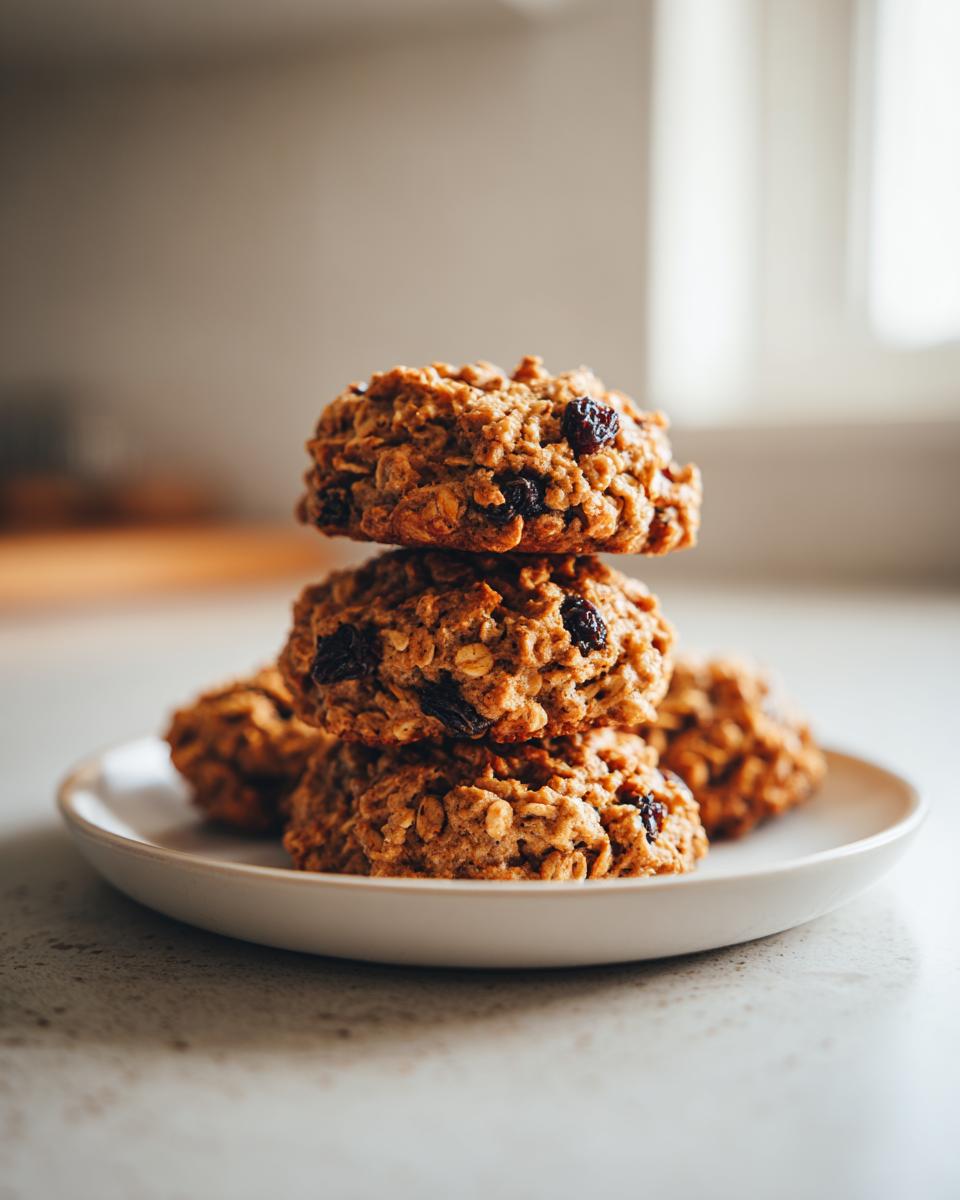 A stack of three freshly baked oatmeal raisin cookies sits on a small white plate.