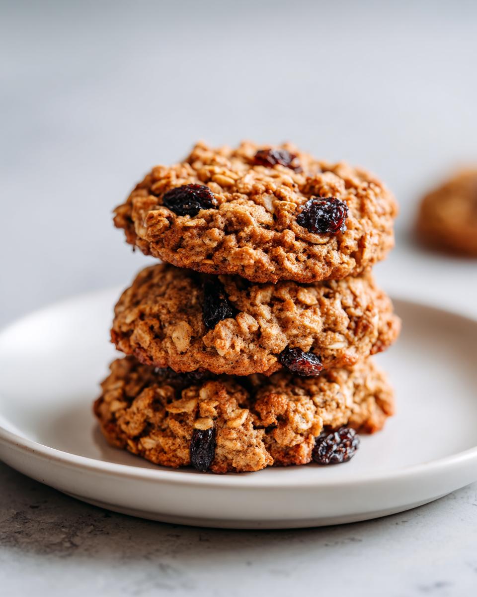 A close-up stack of three chewy oatmeal raisin cookies resting on a white plate.