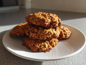 A stack of four golden brown oatmeal raisin cookies resting on a white plate, beautifully lit by sunlight.