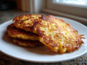 A stack of three perfectly golden brown, crispy potato pancakes served on a white plate.
