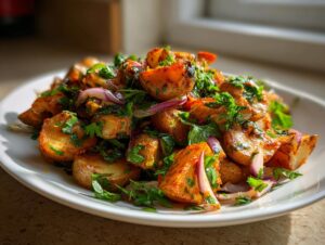 Close-up of a vibrant roasted potato salad mixed with red onion slices and fresh parsley.