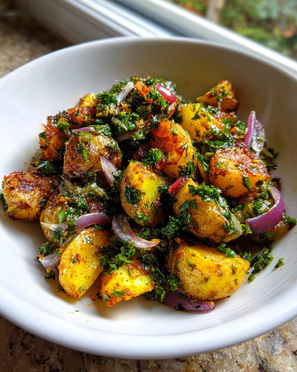Close-up of warm roasted potato salad mixed with red onion slices and fresh green herbs.