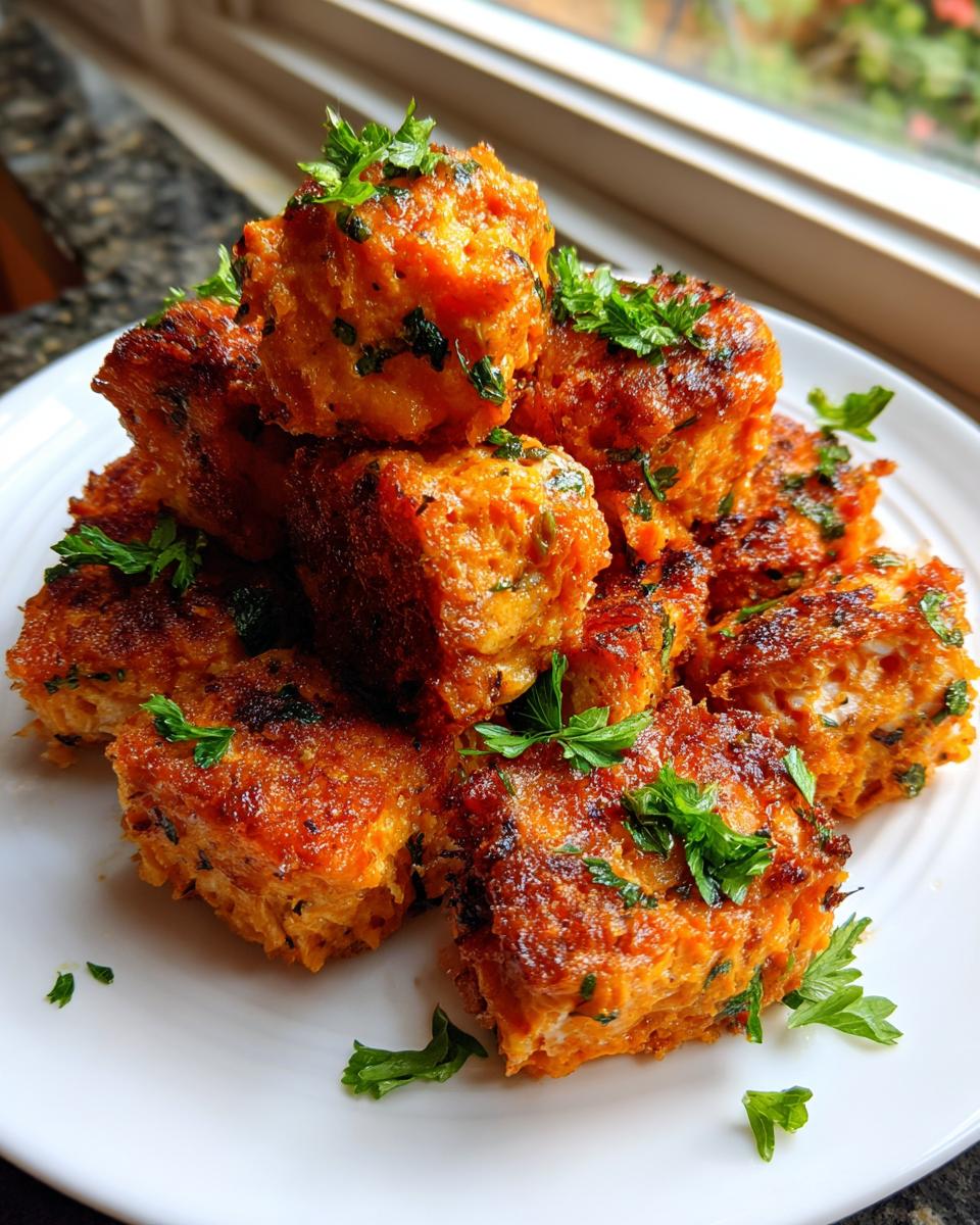 A stack of perfectly cooked, golden brown salmon bites garnished with fresh parsley on a white plate.